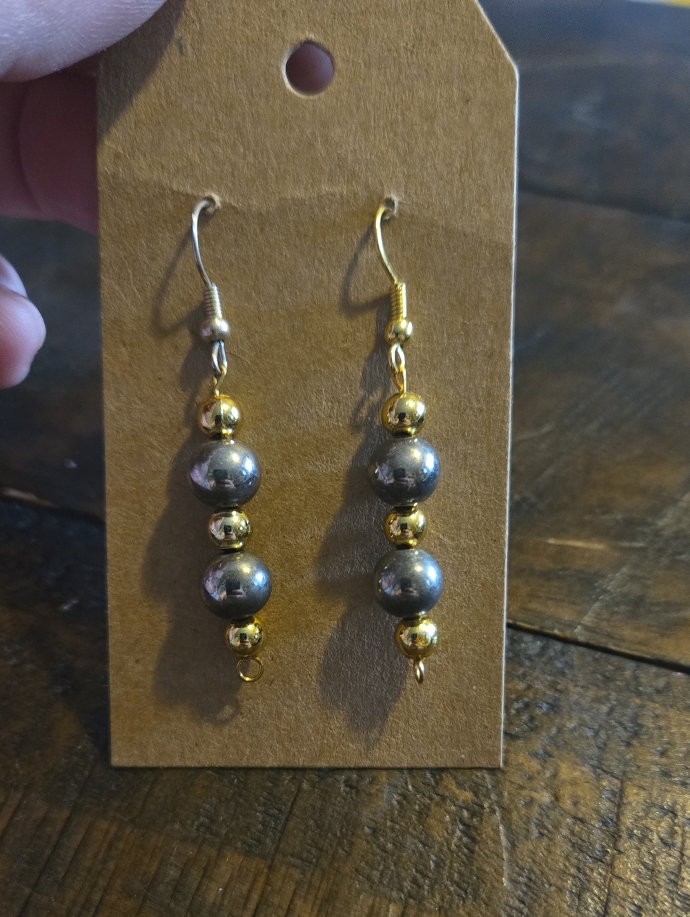 Gold and Gray Beaded Dangle Earrings